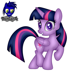 Size: 2590x2719 | Tagged: safe, artist:damlanil, twilight sparkle, alicorn, pony, g4, female, folded wings, grin, high res, horn, looking at you, mare, raised hoof, show accurate, simple background, smiling, smiling at you, solo, transparent background, twilight sparkle (alicorn), vector, wings