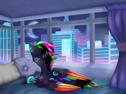Size: 2000x1500 | Tagged: safe, artist:chvrchgrim, oc, oc only, oc:krypt, cyborg, pegasus, pony, bedroom, city, cityscape, cyber, cyberpunk, futuristic, looking out the window, pegasus oc, rear view, solo, window