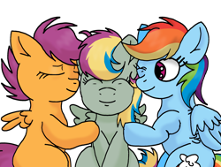 Size: 2652x2003 | Tagged: safe, artist:taeko, rainbow dash, scootaloo, oc, oc:special flight, pegasus, pony, g4, 2022, eyes closed, family, female, filly, foal, high res, lesbian, looking at someone, magical lesbian spawn, mare, mother and child, mother and daughter, next generation, no source, offspring, one eye closed, outline, parent:rainbow dash, parent:scootaloo, parents:scootadash, pegasus oc, pseudoincest, shading practice, ship:scootadash, shipping, simple background, sitting, small wings, smiling, spread wings, transparent background, trio, trio female, wings