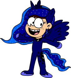 Size: 1280x1411 | Tagged: safe, artist:blackrhinoranger, princess luna, human, g4, clothes, cosplay, costume, crossover, female, luna loud, namesake, pun, simple background, solo, the loud house, transparent background, visual pun