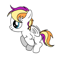 Size: 3072x3072 | Tagged: safe, artist:taeko, derpibooru exclusive, oc, oc only, oc:cloudy blitz, pegasus, pony, 2022, blue eyes, colored, female, filly, flapping wings, flat colors, flying, foal, high res, looking up, magical lesbian spawn, multicolored mane, multicolored tail, no source, offspring, parent:rainbow dash, parent:scootaloo, parents:scootadash, pegasus oc, smiling, solo, tail, white fur, wings
