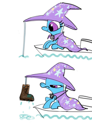 Size: 2048x2732 | Tagged: safe, alternate version, artist:ja0822ck, trixie, pony, unicorn, g4, boat, boots, female, fishing, high res, hook mane, mare, shoes, solo, trixie is not amused, unamused, water