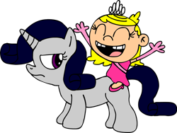 Size: 1280x963 | Tagged: safe, artist:blackrhinoranger, rarity, human, pony, g4, lola loud, rarity is not amused, riding, riding a pony, simple background, the loud house, transparent background, unamused