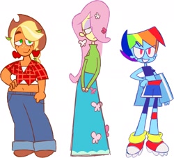Size: 2399x2168 | Tagged: safe, artist:milkkirie, applejack, fluttershy, rainbow dash, human, equestria girls, g4, abstract, bandage, belly button, boots, clothes, denim, ear piercing, earring, eyeshadow, flannel shirt, flower, flower in hair, freckles, hair over one eye, hairpin, high res, jeans, jewelry, long skirt, makeup, midriff, pants, piercing, shoes, short, short shirt, shorts, simple background, skirt, sneakers, spats, sports bra, sports shorts, sweater, tall, turtleneck, white background