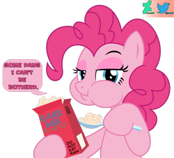 Size: 1899x1723 | Tagged: safe, artist:kuren247, pinkie pie, earth pony, pony, g4, cake mix, chewing, eating, female, interpretation, lidded eyes, looking at you, show accurate, simple background, solo, speech bubble, spoon, this will end in diabetes, transparent background, vector, watermark
