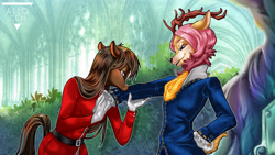 Size: 3840x2160 | Tagged: safe, artist:allocen, oc, oc only, oc:almond brownie, oc:wisteria evergreen, deer, anthro, plantigrade anthro, clothes, couple, duo, female, high res, husband and wife, kissing, male, royalty, smug, straight, suit, throne room, uniform