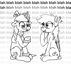Size: 1975x1813 | Tagged: safe, artist:dark shadow, derpy hooves, moondancer, pegasus, pony, unicorn, g4, black and white, blah blah blah, clothes, female, grayscale, lineart, mare, monochrome, question mark, sitting, sweater, tongue out