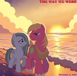 Size: 1679x1655 | Tagged: safe, artist:tony fleecs, edit, idw, big macintosh, marble pie, g4, 2022, barbra streisand, beach, bittersweet, cropped, female, friends, friendship, heartwarming, implied sugarmac, just friends, looking at each other, looking at someone, male, mare, movie reference, not shipping, ocean, october, platonic, ship sinking, smiling, smiling at each other, song reference, stallion, sun, sunset, the way we were, water, youtube link in the description