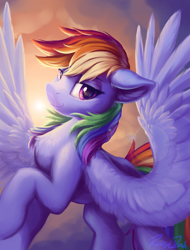 Size: 1556x2048 | Tagged: safe, artist:ravistdash, rainbow dash, pegasus, pony, mlp fim's twelfth anniversary, g4, dawn, eyebrows, female, flying, hooves, looking at you, mare, signature, smiling, smiling at you, solo, spread wings, wallpaper, wings