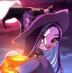 Size: 2146x2165 | Tagged: safe, artist:airiniblock, oc, oc only, oc:blueberry muffin, pony, rcf community, bust, choker, commission, cute, cute little fangs, fangs, halloween, hat, high res, holiday, jack-o-lantern, pumpkin, solo, witch hat, ych result