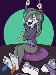 Size: 3000x4000 | Tagged: safe, artist:durdevul, marble pie, human, equestria girls, g4, arms in the air, barefoot, beanbag chair, bondage, clothes, converse, crying, cute, equestria girls-ified, feather, feet, fetish, foot fetish, foot focus, foot tickling, hoodie, laughing, marblebetes, open mouth, shoes, sneakers, socks, soles, tears of laughter, tickle torture, tickling, tied up, toes