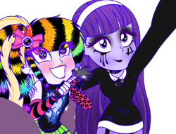 Size: 2966x2269 | Tagged: safe, artist:kb-gamerartist, artist:skyfallfrost, oc, oc only, oc:raven skies, unnamed oc, human, equestria girls, g4, base used, blushing, choker, clothes, cross, duo, ear piercing, earring, equestria girls-ified, evening gloves, eyeshadow, female, fingerless elbow gloves, fingerless gloves, fishnet stockings, gloves, goth, grin, hairband, heart, heart eyes, high res, jewelry, lip piercing, lipstick, long gloves, makeup, multicolored hair, nail polish, nose piercing, nose ring, piercing, rainbow hair, scene kid, selfie, shirt, skirt, smiling, tank top, wingding eyes