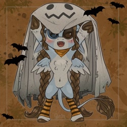 Size: 2048x2048 | Tagged: safe, artist:querisyart, oc, oc only, oc:querisy, bat, pegasus, pony, belly button, blushing, braid, braided pigtails, chest fluff, clothes, costume, cute, female, frog (hoof), ghost costume, halloween, halloween costume, heterochromia, high res, holiday, leonine tail, mare, pigtails, rearing, socks, spread wings, tail, underhoof, unshorn fetlocks, wings