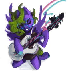 Size: 2904x3045 | Tagged: safe, artist:charlot, oc, oc only, oc:charlot, pegasus, pony, clothes, electric guitar, eyes closed, glasses, guitar, high res, musical instrument, pegasus oc, ponysona, simple background, sketch, solo, white background