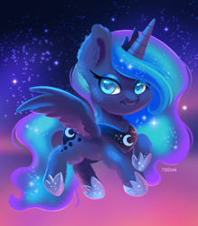 Size: 1050x1200 | Tagged: safe, artist:tsaoshin, princess luna, alicorn, pony, g4, chibi, cute, female, fluffy, flying, hoof shoes, jewelry, looking at you, lunabetes, mare, night, night sky, peytral, regalia, sky, solo, sparkly mane, spread wings, three quarter view, wings