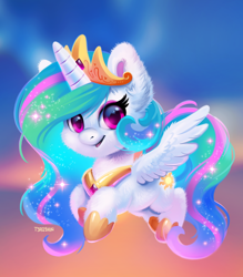 Size: 1050x1200 | Tagged: safe, artist:tsaoshin, princess celestia, alicorn, pony, g4, chibi, cute, cutelestia, ear fluff, female, fluffy, hoof shoes, jewelry, looking at you, mare, open mouth, open smile, regalia, smiling, solo, sparkly mane, spread wings, three quarter view, wings