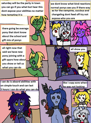 Size: 1291x1739 | Tagged: safe, artist:ask-luciavampire, oc, oc only, oc:aiden, oc:ezra damon, oc:moka louis, oc:rasazy nightdreamer, oc:spyro, bat pony, pony, succubus, undead, unicorn, vampire, vampony, ask-canterlot-academy, comic, tumblr