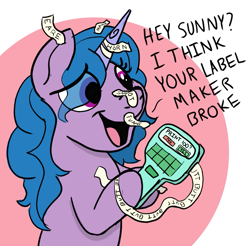 Size: 1575x1547 | Tagged: safe, artist:doodledonutart, izzy moonbow, pony, unicorn, g5, butts, eye clipping through hair, label, misspelling, open mouth, open smile, smiling, solo, sticker