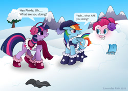 Size: 1280x906 | Tagged: safe, artist:lavenderrain24, pinkie pie, rainbow dash, twilight sparkle, earth pony, pegasus, pony, unicorn, g4, boots, clothes, earmuffs, grin, hat, saddle, scarf, shoes, smiling, snow, snow boots, tack, trio, unicorn twilight, vest, winter hat, winter outfit