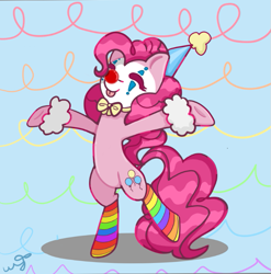 Size: 687x695 | Tagged: safe, artist:scaredkoi, pinkie pie, earth pony, pony, g4, bipedal, clothes, clown, female, rainbow socks, socks, solo, striped socks