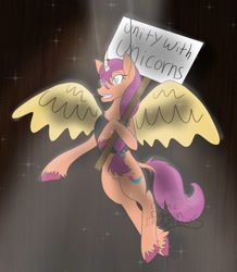 Size: 1048x1200 | Tagged: safe, artist:cosmicdragonkay, sunny starscout, earth pony, pony, g5, my little pony: a new generation, fake horn, fake wings, female, scene interpretation, sign, solo