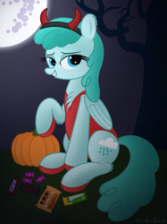 Size: 3016x4032 | Tagged: safe, artist:rainbowšpekgs, spring melody, sprinkle medley, pegasus, pony, mlp fim's twelfth anniversary, g4, candy, chest fluff, chubby, clothes, costume, devil costume, female, food, halloween, halloween costume, holiday, horns, mare, moon, night, nightmare night, pumpkin, shoes, tree