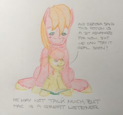 Size: 1280x1191 | Tagged: safe, artist:hoofclid, apple bloom, big macintosh, earth pony, pony, g4, book, female, filly, foal, male, siblings, stallion, text, traditional art
