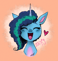 Size: 1000x1048 | Tagged: safe, artist:themagicbrew, misty brightdawn, pony, unicorn, g5, bust, cute, eyes closed, female, happy, heart, mare, mistybetes, open mouth, solo