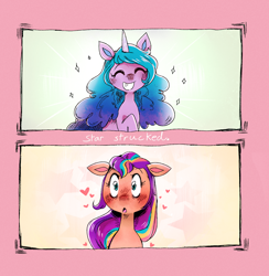 Size: 2000x2052 | Tagged: safe, artist:themagicbrew, izzy moonbow, sunny starscout, earth pony, pony, unicorn, g5, blushing, duo, female, grin, heart, high res, lesbian, ship:moonscout, shipping, smiling