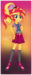 Size: 1488x3424 | Tagged: safe, artist:machakar52, sunset shimmer, human, equestria girls, g4, alternate hairstyle, belt, bracelet, clothes, female, hand on hip, high heels, jewelry, kneesocks, looking at you, necktie, ponytail, school uniform, shoes, skirt, socks, solo, winx club