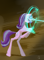 Size: 2970x4000 | Tagged: safe, artist:thelordgemm, starlight glimmer, pony, unicorn, female, glowing, glowing horn, horn, long legs, looking forward, magic, raised hooves, rearing, skinny, slim, solo, thin