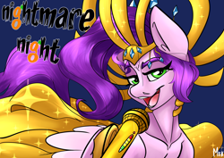 Size: 4961x3508 | Tagged: safe, artist:mekblue, pipp petals, pegasus, pony, mlp fim's twelfth anniversary, g5, my little pony: tell your tale, nightmare night party, spoiler:g5, spoiler:my little pony: tell your tale, spoiler:tyts01e30, absurd resolution, clothes, costume, female, halloween, halloween costume, headdress, holiday, looking at camera, mare, microphone, scene interpretation, singing