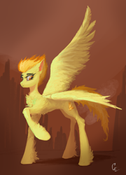 Size: 2439x3392 | Tagged: safe, artist:thelordgemm, spitfire, pegasus, pony, chest fluff, female, fluffy, long legs, skinny, slim, solo, spread wings, thin, wings