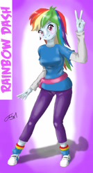 Size: 1876x3508 | Tagged: safe, artist:faisalxmad, rainbow dash, human, equestria girls, g4, clothes, female, pants, shoes, solo, victory sign