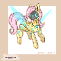Size: 1200x1200 | Tagged: safe, alternate version, artist:cold-blooded-twilight, fluttershy, pony, robot, robot pony, g4, blushing, female, filly, floating, flutterbot, foal, glowing, machine, mecha, raised tail, roboticization, screen, solo, tail