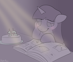 Size: 1064x909 | Tagged: safe, artist:binkyroom, twilight sparkle, alicorn, pony, mlp fim's twelfth anniversary, g4, album, cake, candle, food, minimalist, photos, pictures, simple background, smiling, solo, teary eyes