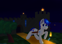 Size: 3508x2480 | Tagged: safe, artist:samenandsam, oc, oc:sound shiver, pony, unicorn, boat, castle, digital art, grass, high res, horn, magic, male, night, smiling, solo, sword, telekinesis, torch, tree, weapon