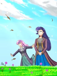 Size: 768x1024 | Tagged: safe, artist:lencai123, rarity, sweetie belle, human, g4, clothes, duo, female, grass, humanized, smiling