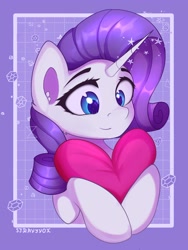 Size: 3000x4000 | Tagged: safe, artist:stravy_vox, rarity, pony, unicorn, g4, abstract background, commission, ear fluff, female, happy, heart, heart pillow, high res, mare, pillow, smiling, solo