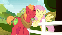 Size: 1920x1080 | Tagged: safe, edit, edited screencap, screencap, big macintosh, fluttershy, earth pony, pegasus, pony, g4, marks for effort, big macintosh's yoke, bipedal, character swap, cute, eyes closed, female, fence, freckles, horse collar, macabetes, male, mare, nuzzling, road, ship:fluttermac, shipping, shyabetes, smiling, spread wings, stallion, straight, sweet apple acres, tree, wings