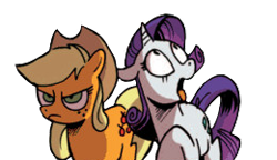 Size: 260x150 | Tagged: safe, editor:fuckomcfuck, idw, applejack, rarity, earth pony, pony, unicorn, g4, angry, comic, cropped, freckles, grossed out, hat, simple background, transparent background