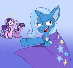 Size: 1965x1838 | Tagged: safe, artist:sp19047, starlight glimmer, trixie, twilight sparkle, alicorn, pony, unicorn, g4, brooch, cape, chest fluff, clothes, colored pinnae, female, gradient background, happy, jewelry, mare, pg, smug, sparkles, standing, trio, trixie's brooch, trixie's cape, twilight sparkle (alicorn), twilight sparkle is not amused, unamused, unshorn fetlocks, waving