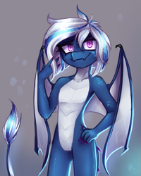 Size: 745x933 | Tagged: safe, artist:opal_radiance, oc, oc only, oc:snowy smarty, dragon, anthro, dragon oc, dragon wings, dragoness, eyebrows, female, hand on hip, looking at you, non-pony oc, partially open wings, smiling, smiling at you, solo, wings