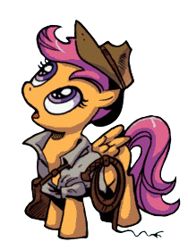 Size: 210x280 | Tagged: safe, editor:fuckomcfuck, idw, scootaloo, pegasus, pony, g4, bag, clothes, comic, cropped, female, filly, foal, hat, looking up, messenger bag, open mouth, rope, shirt, simple background, solo, spread wings, transparent background, whip, wings