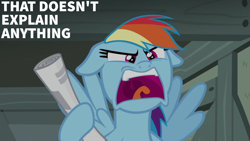 Size: 1920x1080 | Tagged: safe, edit, edited screencap, editor:quoterific, screencap, rainbow dash, pegasus, pony, daring done?, g4, season 7, angry, female, floppy ears, mare, newspaper, open mouth, rainbow dash is best facemaker, rainbow dash is not amused, solo, unamused, yelling