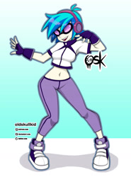 Size: 1473x1989 | Tagged: safe, artist:oldskullkid, dj pon-3, vinyl scratch, human, equestria girls, g4, belly button, clothes, converse, female, glasses, gloves, headphones, midriff, shoes, smiling, sneakers, solo