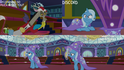 Size: 4400x2475 | Tagged: safe, edit, edited screencap, editor:quoterific, screencap, discord, trixie, bear, draconequus, pony, unicorn, ursa, ursa major, a matter of principals, g4, 30 rock, angry, banana, bananaphone, baseball cap, cap, cape, clothes, faic, food, frown, hat, magic, open mouth, smiling, smug, snaggletooth, steve buscemi, telekinesis, trixie is not amused, trixie's brooch, trixie's cape, trixie's hat, unamused, what exactly is a long-distance plan