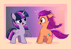 Size: 2151x1500 | Tagged: safe, artist:syrupyyy, sunny starscout, twilight sparkle, alicorn, earth pony, pony, g5, blushing, cute, daaaaaaaaaaaw, duo, duo female, eye clipping through hair, female, mare, ponytober, raised hoof, smol, sunny and her heroine, sunnybetes, syrupyyy is trying to murder us, twiabetes, twilight sparkle (alicorn)