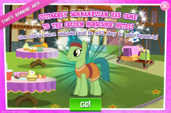 Size: 1961x1296 | Tagged: safe, gameloft, husani, earth pony, pony, g4, my little pony: magic princess, clothes, egyptian, egyptian pony, english, food, green coat, green fur, green mane, green tail, headband, introduction card, male, pie, solo, somnambula resident, stallion, tail, text