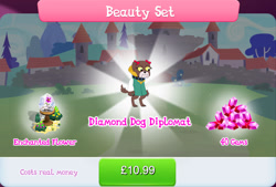 Size: 1270x858 | Tagged: safe, gameloft, idw, lady bowser, diamond dog, g4, my little pony: magic princess, beauty set, bow, brown fur, bundle, bush, choker, collar, costs real money, dog collar, english, female, female diamond dog, flower, gem, hair bow, idw showified, numbers, sale, solo, text, white fur, wishing flower, yellow eyes